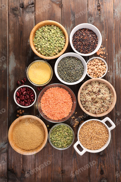 Bowls of Lentils, Peas, Grains, and Rice