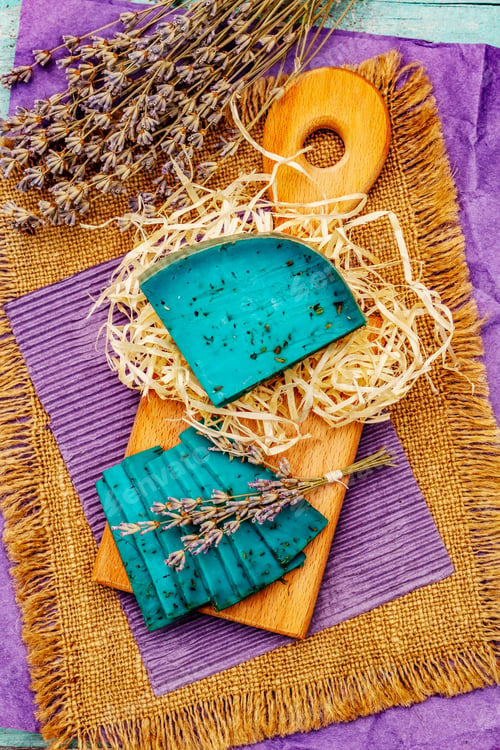 Preview: Dutch Blue Cheese With Lavender. Piece And Slices, Dry Fragrant Flower, Cutting Board. Trendy