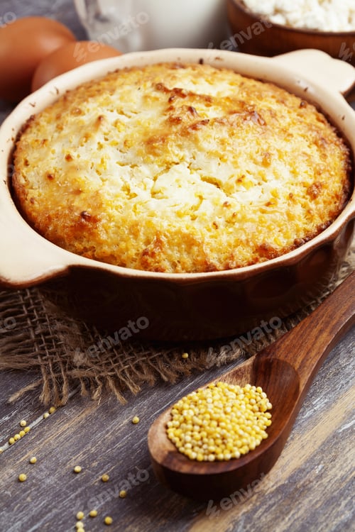 Preview: Casserole With Millet And Curd On The Wooden Table