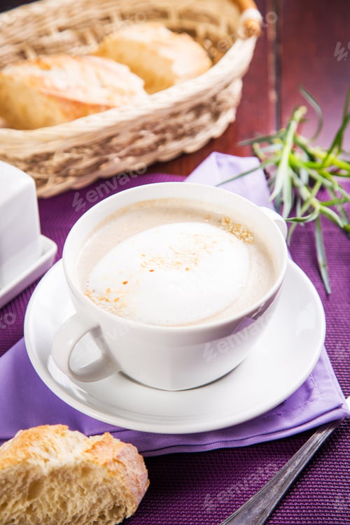 Preview: Cream Soup From Mushrooms With Bread And Green Herb In Restaurant
