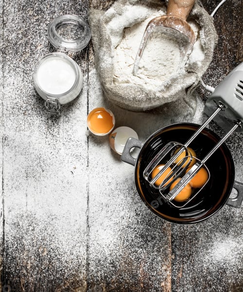 Preview: Baking Background. Ingredients For Fresh Dough. On A Wooden Background.