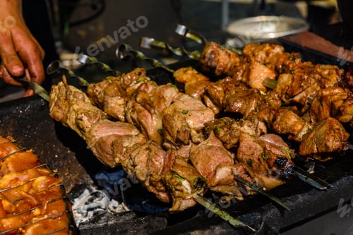 Preview: Skewers With Meat Over Charcoals. Cooking Shashlik