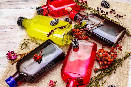 Preview: Homemade Assortment Of Berries Liqueurs Or Tincture. Sweet Mountain Fruits, Fragrance Herbs, Glass