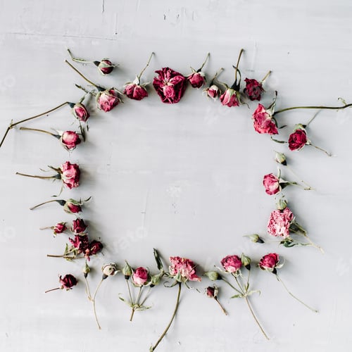 Preview: Flat Lay Frame With Red Roses, Branches, Leaves And Petals Isolated On Grey Concrete Background