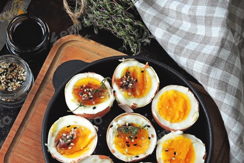 Preview: Soft-Boiled Eggs In The Shell In A Small Skillet. Useful Stylish Breakfast. Keto Breakfast.