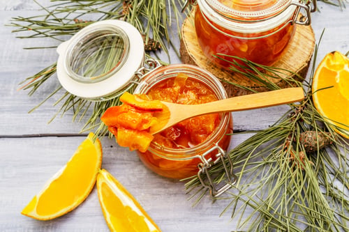 Preview: Orange Fruit Jam In Glass Jar. Summer Homemade Preservation Concept. Sweet Dessert For The Festive