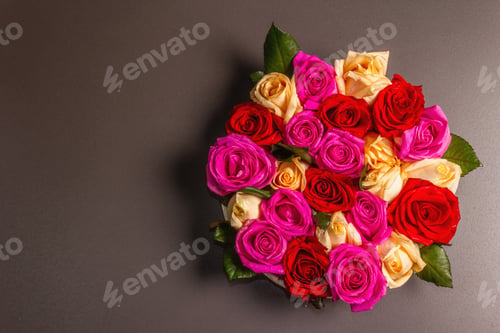 Preview: Composition Of Fresh Multicolored Roses On Ceramic Stand. The Festive Concept For Weddings