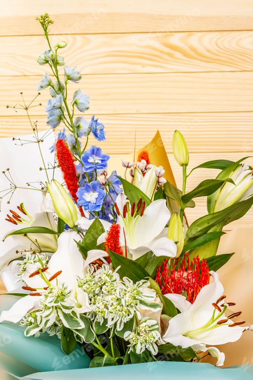 Preview: Bouquet Of Summer Festive Flowers. The Concept Of A Romantic Gift. Bridal Bouquet. Light Wooden