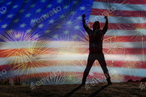 Preview: Silhouette Of A Man Who Show Hands Over The Multicolor Fireworks Celebrate Over The United State Of