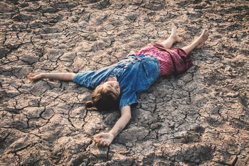 Preview: Sad Girl Tired And Exhausted On Cracked Dry Ground , Concept Drought And Shortage Of Water Crisis