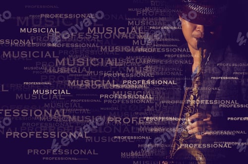 Aperçu: Un joueur de saxophone avec effet de portrait textuel sur fond sombre