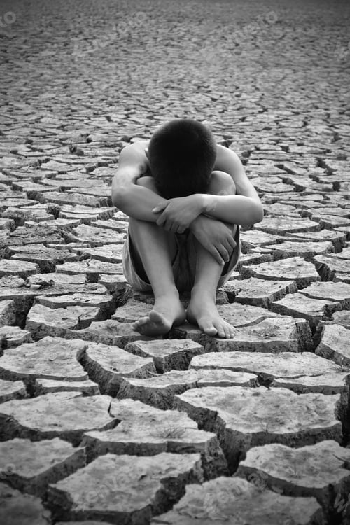 Preview: Sad A Boy Sitting On Dry Ground Black And White Tone .Concept Drought
