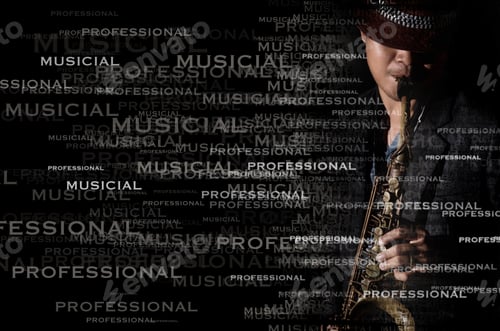 Aperçu: Un joueur de saxophone avec effet de portrait textuel sur fond sombre
