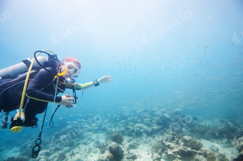 Preview: Diver Swimming In Fish School In Dimakya Island, Palawan, Philippines.