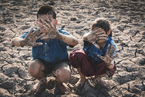 Preview: Children Praying For The Rain On Lake, Concept Drought And Shortage Of Water Crisis