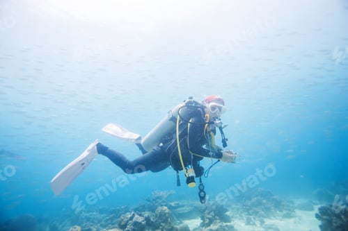 Preview: Diver Swimming In Fish School In Dimakya Island, Palawan, Philippines.