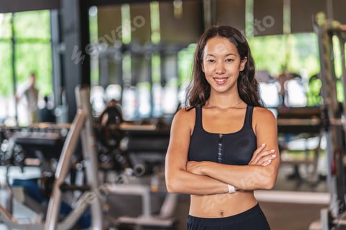 Preview: Portrait Young Asian Woman Wearing Sportwear Bra And Pants Fashion In Fitness Gym, Sports And