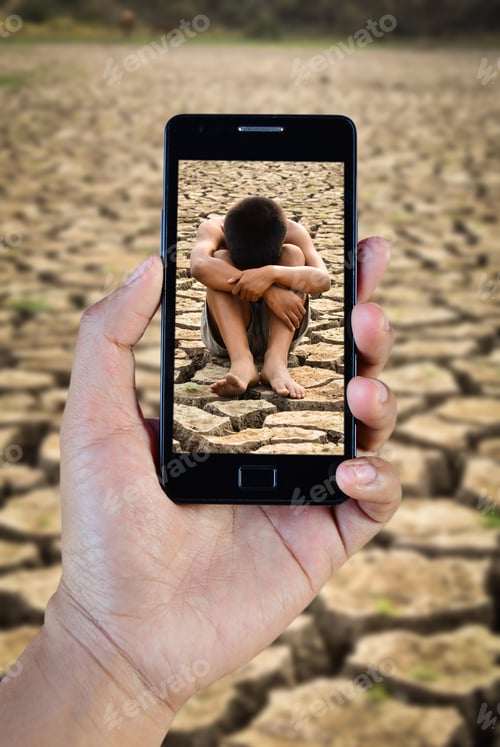 Preview: Close Up Hand Holding Phone Shooting Sad Boy Sit On Dry Ground .Drought