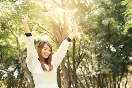Preview: Enjoying The Nature. Young Asian Woman Arms Raised Enjoying The Fresh Air In Green Forest.