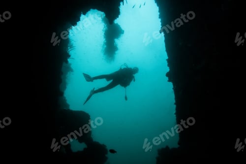 Preview: Scuba Diver Exploring World War Ii Shipwreck In Coron Area, Palawan, Philippines.
