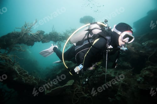 Preview: Scuba Diver Exploring World War Ii Shipwreck In Coron Area, Palawan, Philippines.