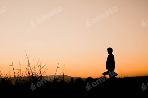 Preview: Silhouette Of Children Playing Kite On Field In Harvest Season,Happy Farmer At Sky Sunrise In The
