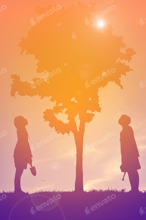 Preview: Silhouette Children On Sunset . Concept Save The World