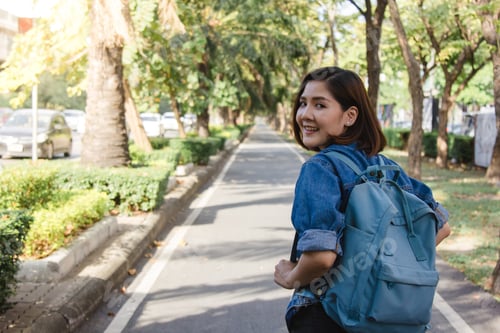 Preview: Summer Lifestyle Portrait Of Young Tourist Asian Woman Walking On The Street, Carry Backpack