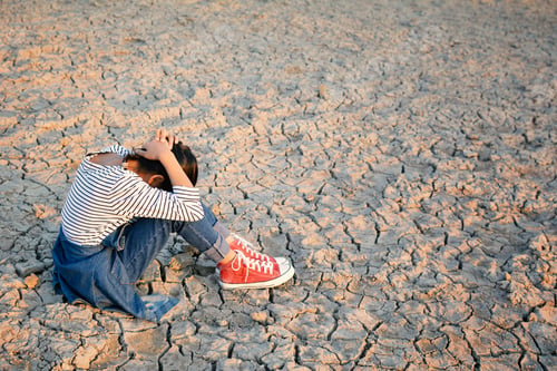 Preview: Sad A Girl Sitting On Dry Ground .Concept Hope And Drought