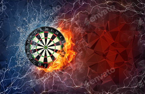 Preview: Dart Board On Fire And Water With Lightening Around On Abstract Polygonal Background. Horizontal