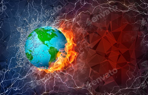 Preview: Globe On Fire And Water With Lightening Around On Abstract Polygonal Background. Horizontal Layout
