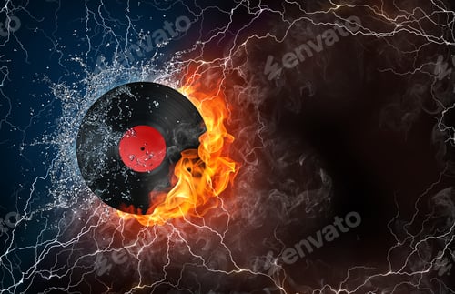 Preview: Phonograph Record On Fire And Water With Lightening Around On Black Background. Horizontal Layout