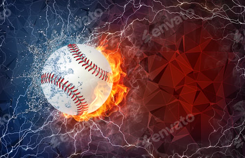 Preview: Softball Ball On Fire And Water With Lightening Around On Abstract Polygonal Background. Horizontal