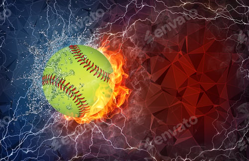 Preview: Baseball Ball On Fire And Water With Lightening Around On Abstract Polygonal Background. Horizontal