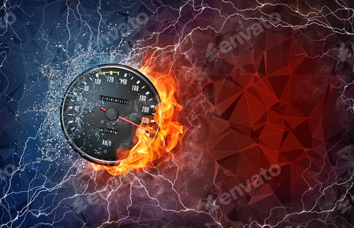 Preview: Kilometer Gauge On Fire And Water With Lightening Around On Abstract Polygonal Background