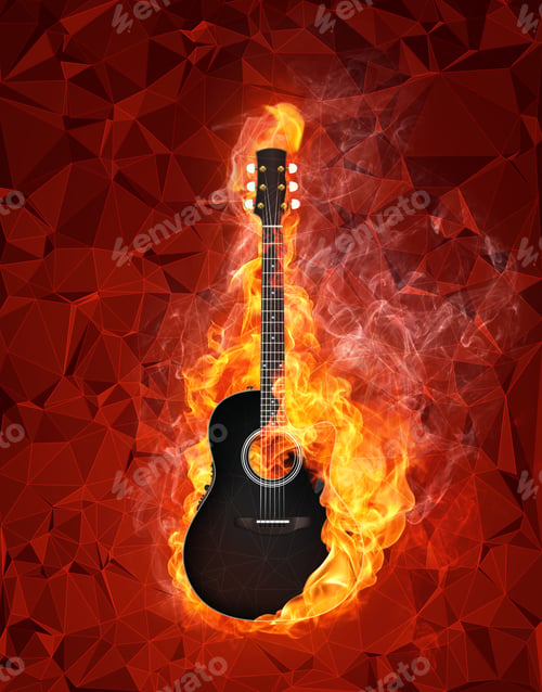 Preview: Acoustic - Electric Guitar In Fire On Polygon Background