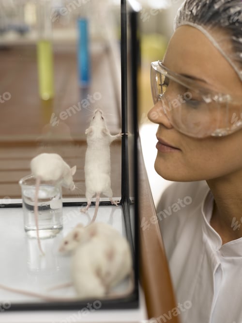 Preview: Female Scientist Looking At Laboratory Mice In Tank