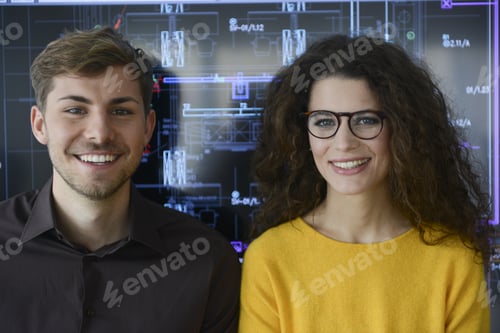 Preview: Portrait Of Young Architects In Front Of Construction Drawing