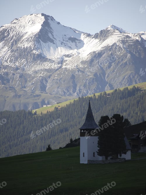 Preview: Scenic View Out Of Of Sertig Valley To Church And Mountains, Davos, Graubuenden, Grisons