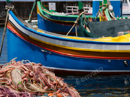 Preview: Fishing Net And Boat In Harbor Of Marsalforn, Gozo, Malta