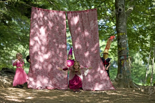 Preview: Kindergarten Children In Costume Staging A Play In A Wood Kindergarten
