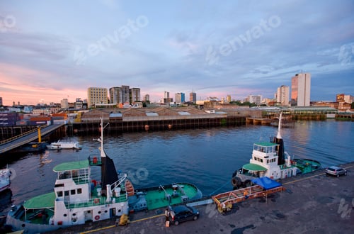 Preview: Ships In The Harbor Of Manaus At Dusk, Amazonas, Amazon River, Brazil