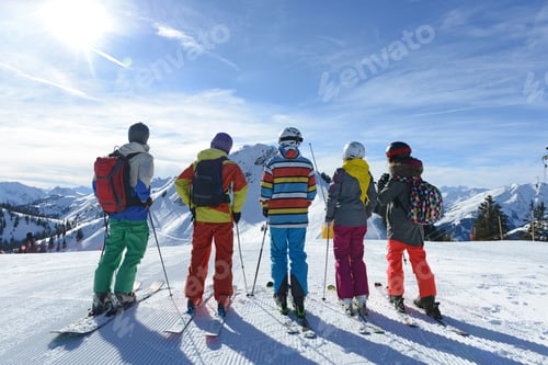 Preview: Teenage Friends Looking At Mountain On Skiing Holiday, Tirol, Austria, Europe