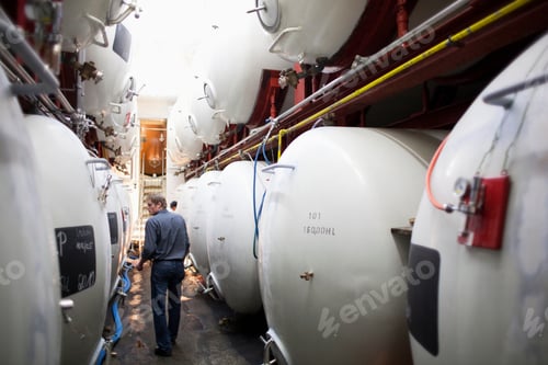 Preview: Brewer Walking In Brewery Storage Cellar With Storage Tanks