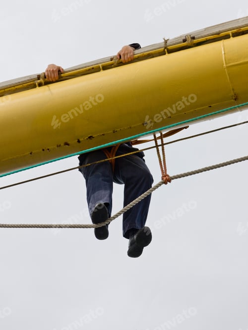 Preview: Man On The Yard Of Sailing Ship, Ruegen, Mecklenburg-Western Pommerania, Germany