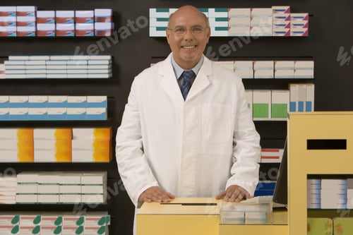 Preview: Male Pharmacist Smiling Behind Counter