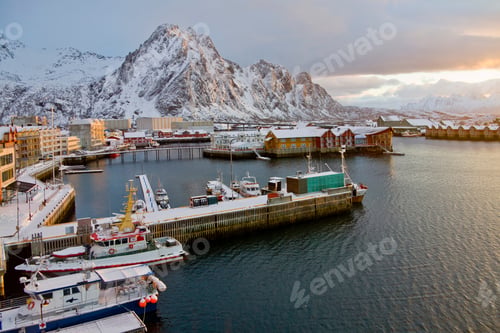 Preview: Svolvaer At Sunrise, Lofoten, Austvagoy Island, Nordland County, Norway