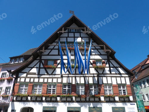 Preview: Half-Timber House Decorated With City Flag, Ravensburg, Baden-Wuerttemberg, Germany