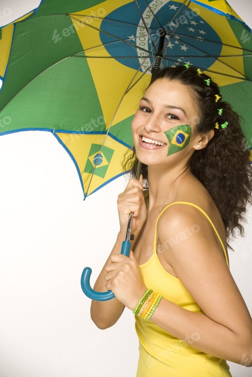 Preview: Hispanic Woman Holding Brazilian Flag Umbrella