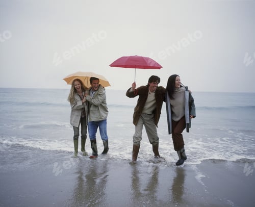 Preview: View Of Two Young Couples On The Beach With Umbrellas Walking In The Water